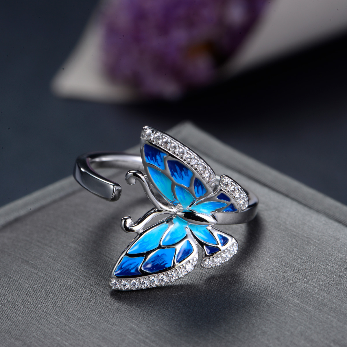 Enamel blue gradient ramp butterfly ring