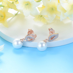 Pearl leaf studs earrings