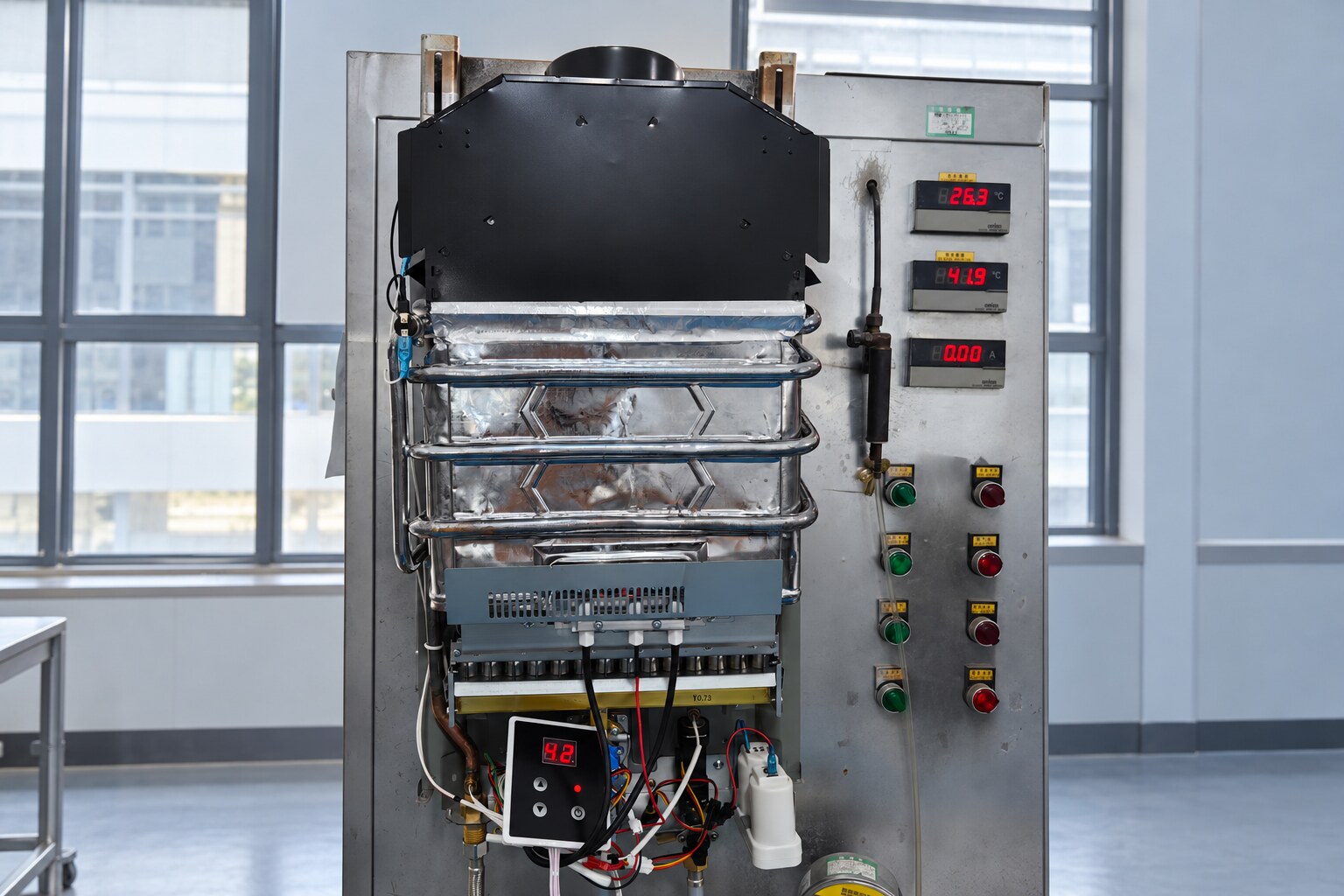 Gas water heater undergoing functional testing at the Electec factory