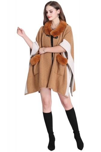 Women's Winter Shawl Faux Fur Wool Cloak Coat Shawl With Pocket