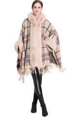 Women Winter Wool Cape Open Front Faux Fur Trim Poncho Cape Cardigan Outwear