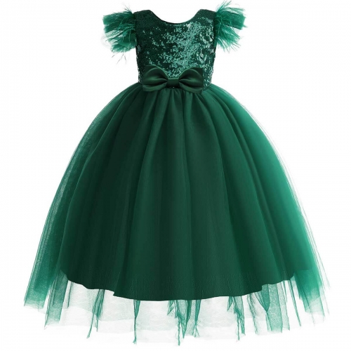 KAXIDY Long Girls Dress Feather Sleeves Sequins Pageant Dress Kids Prom Gown