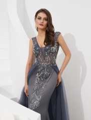 A Line Grey Appliques Beaded Evening Dresses Party Elegant Gowns