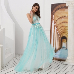 Aline Blue Appliques Beaded Party Elegant Gowns Prom Dresses