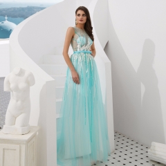 Aline Blue Appliques Beaded Party Elegant Gowns Prom Dresses