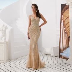 Mermaid Golden Appliques Beaded Evening Dresses Party Elegant Gowns