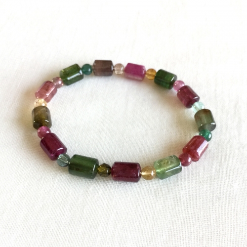 AAA High Quality Brazil Natural Genuine Colorful Purple Green Pink Blue Tourmaline Multi-color Bracelet Tube Round beads 7x9mm 05176