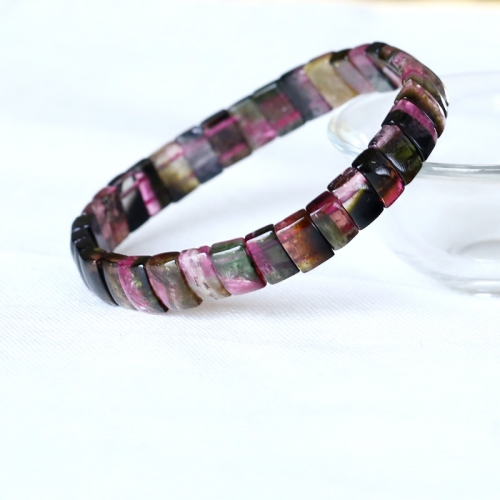 High Quality Natural Genuine Pink Green Watermelon Tourmaline Stretch Bracelet Flat Rectangle Beads 05029