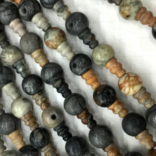Natural Genuine Gray Black White Picasso Jasper Pagoda Tee Three links Buddha Head Tibet Guru Barrel Big Hole Beads (10 Sets/lot) 04228