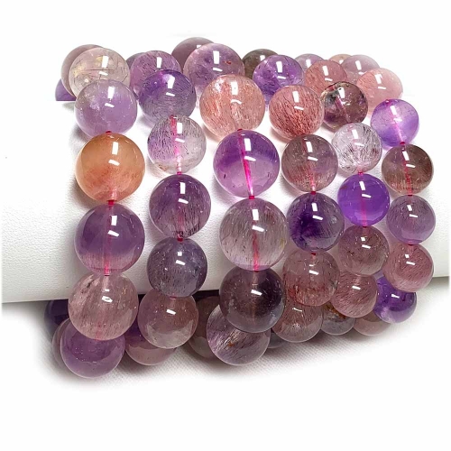 Natural Genuine Purple Red Pink Super Seven Super 7 Rosite Muscovite スーパー7 Melody Stone Bracelet Bracelets Round Beads 07824