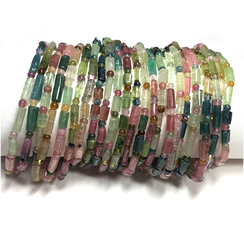 High Quality Natural Genuine Clear Colorful Yellow Green Pink Blue Tourmaline Multi-color Bracelet Nugget Tube Round beads 07973