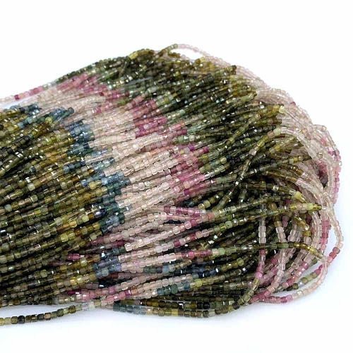 15.5 " Veemake Natural Genuine Yellow Green Pink Blue Tourmaline Faceted Small Edge Cube Loose Jewelry Beads 08538