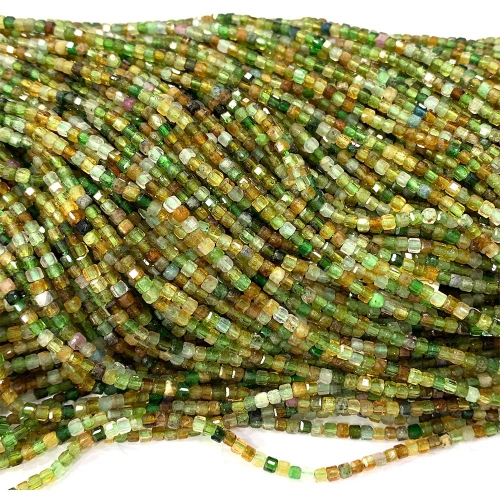 15.5 " Veemake Natural Genuine Yellow Green Tourmaline Faceted Small Edge Cube Loose Jewelry Beads 08528