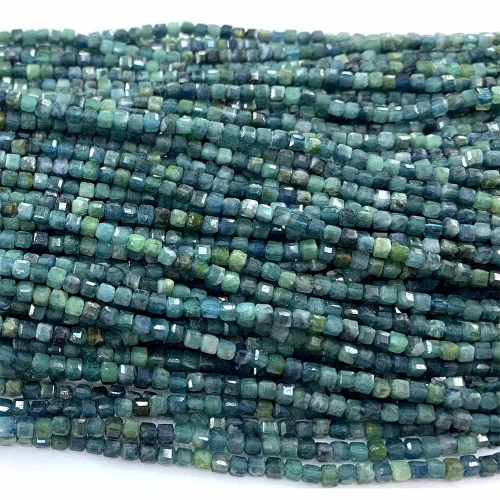 Veemake Natural Blue Tourmaline Edge Cube Faceted Small Jewelry Design Necklaces Bracelets Loose Beads 08535