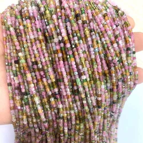 15.5 " Veemake Natural Genuine Yellow Green Pink Tourmaline Faceted Small Edge Cube Loose Jewelry Beads 08534