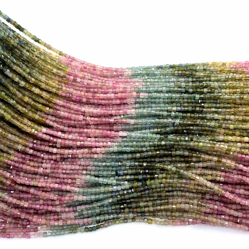 15.5 " Veemake Natural Genuine Yellow Green Pink Blue Tourmaline Faceted Small Edge Cube Loose Jewelry Beads 08537