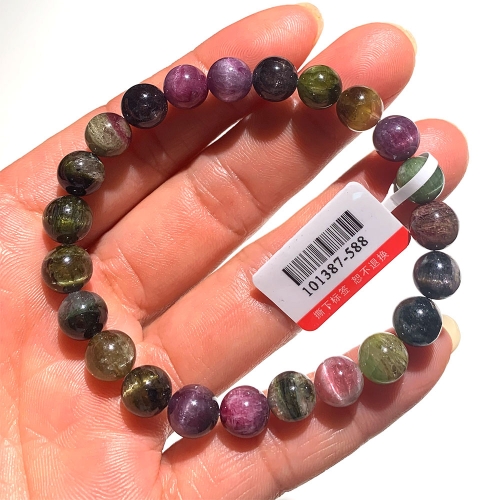 Valentines Gift Natural Genuine Mix Colorful Cat Eye Light Tourmaline Multi-color Stretch Bracelet Round Beads 8mm 101387