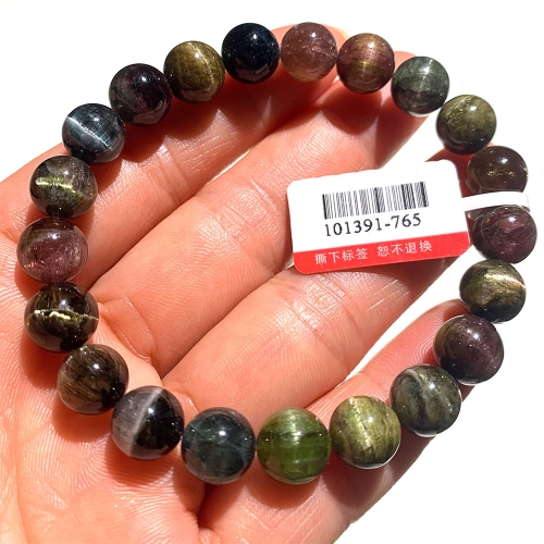 Valentines Gift Natural Genuine Mix Colorful Cat Eye Light Tourmaline Multi-color Stretch Bracelet Round Beads 9mm 101391