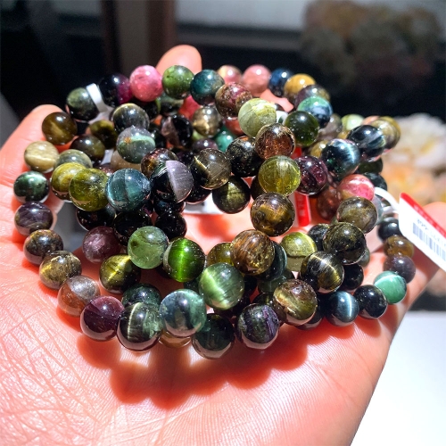 Valentines Gift Natural Genuine Mix Colorful Cat Eye Light Tourmaline Multi-color Stretch Bracelet Round Beads 8mm 101386