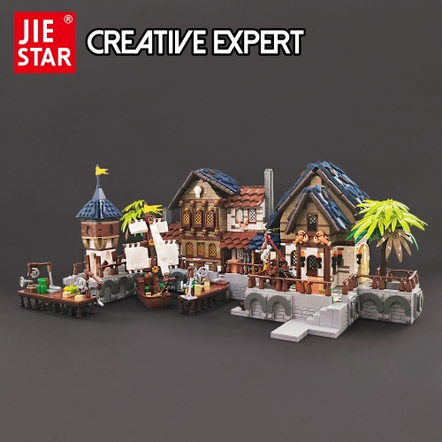 Jiestar Creator Expert Medieval Harbor 2979Pcs With Lights Moc Model Modualr Building Blocks Bricks Toys 89152
