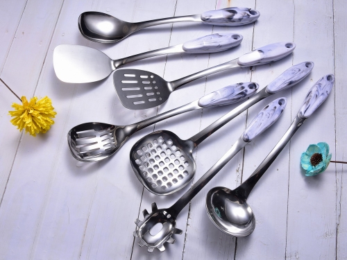 Weighted Stainless Steel Kitchen Utensil Set With Marble Pattern Handle High Quality Kitchen Utensils