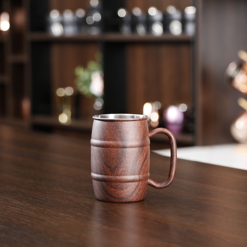 450ml Wooden Printed Stainless Steel Beer Mug Double Wall Beer Mug