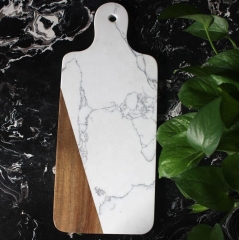 Rectangle Shape Wood and Marble Cheese Board White Color Marble Wood Cutting Board with Handle