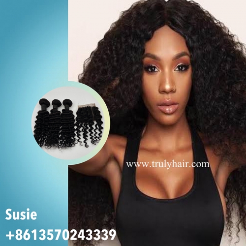 3 pcs deep curly hair bundles plus 1 pc 4"X4" free closure