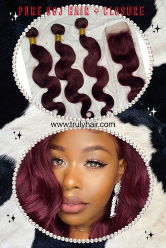 Color 99J body wave human hair with free closure