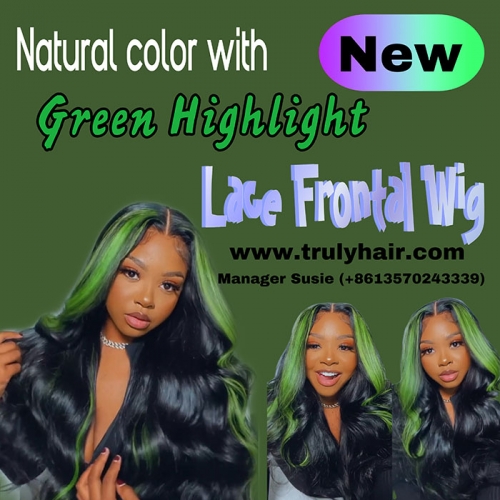 High quality natural color with green highlight color lace front wig