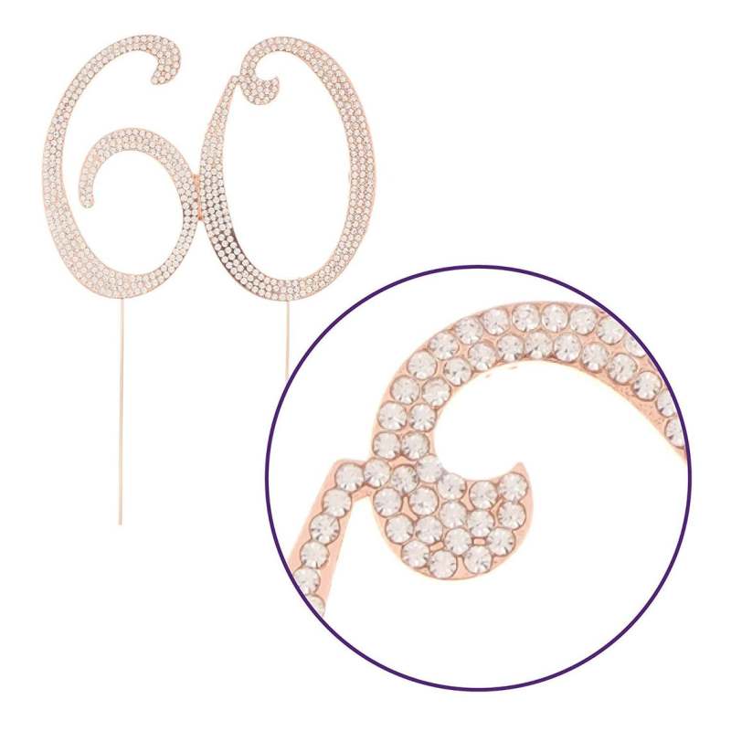 60 Cake Topper for 60th Birthday or Anniversary Rose Gold Rhinestone Party Supplies & Decoration Ideas (Rose Gold)