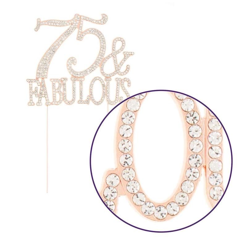 75 and Fabulous Cake Topper for 75th Birthday, Rhinestone Metal Party Decoration (Rose Gold)