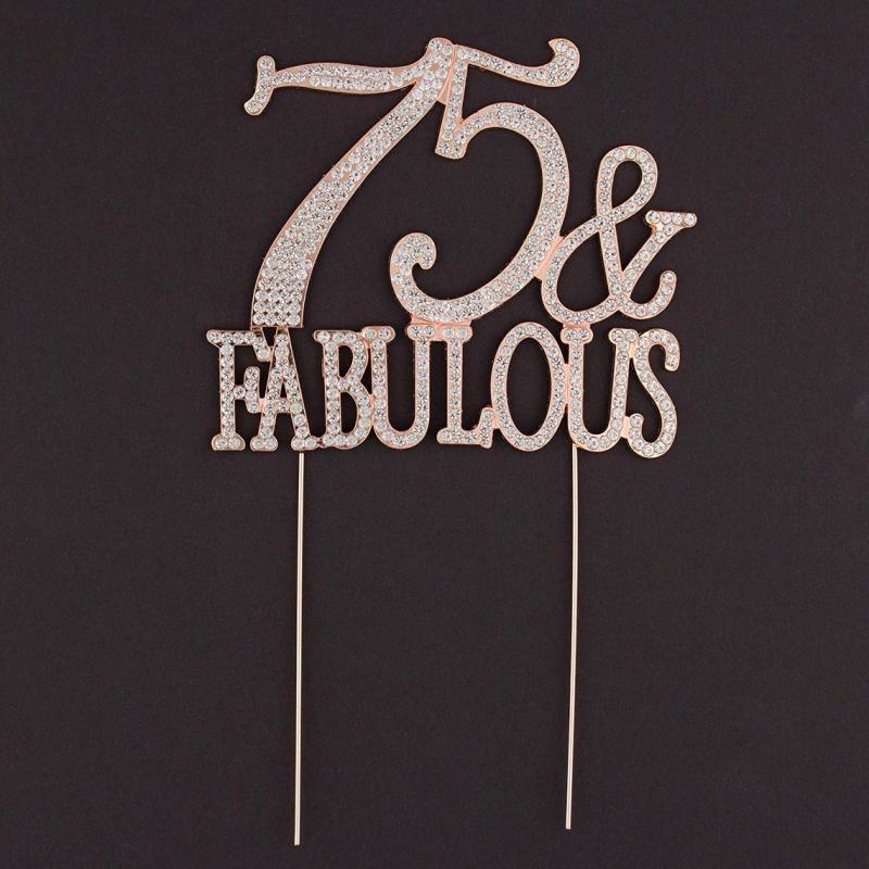 75 and Fabulous Cake Topper for 75th Birthday, Rhinestone Metal Party Decoration (Rose Gold)