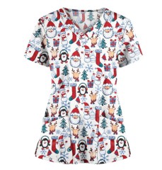 2021 new Christmas print V-neck pocket hem slit ladies short sleeve T-shirt nurse uniform