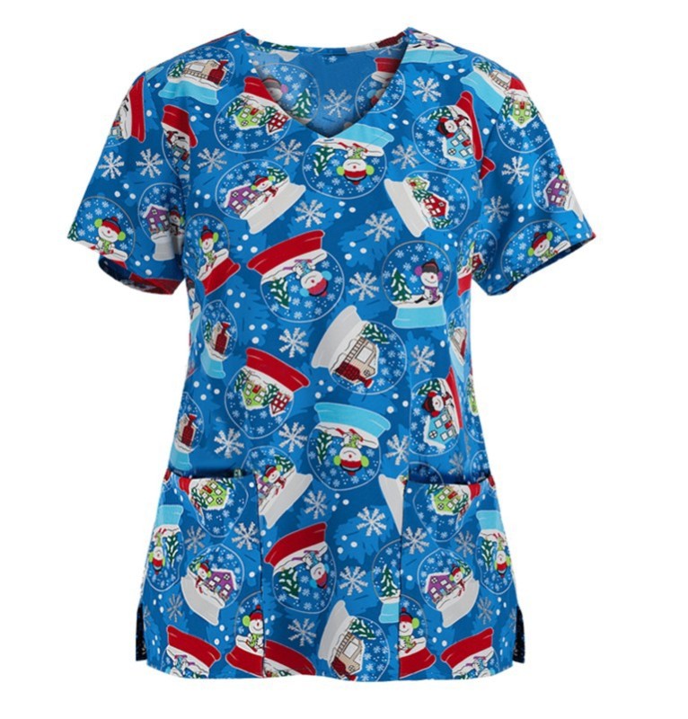 2021 new Christmas print V-neck pocket hem slit ladies short sleeve T-shirt nurse uniform