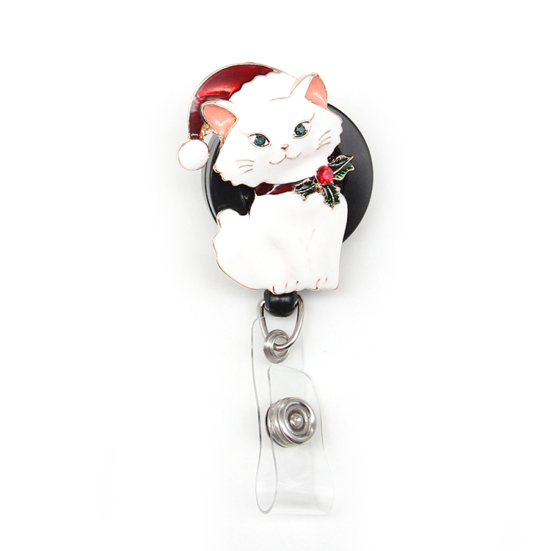 Cute Enamel Christmas Gray Cat Nurse Name Card ID Badge Holder Badge Reel