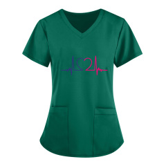 Amazon Cross-border 2022 Summer European and American Nurse Wear Nursing Workwear Printed Shirt V-Neck Large Pocket Short Sleeve T-Shirt Women's