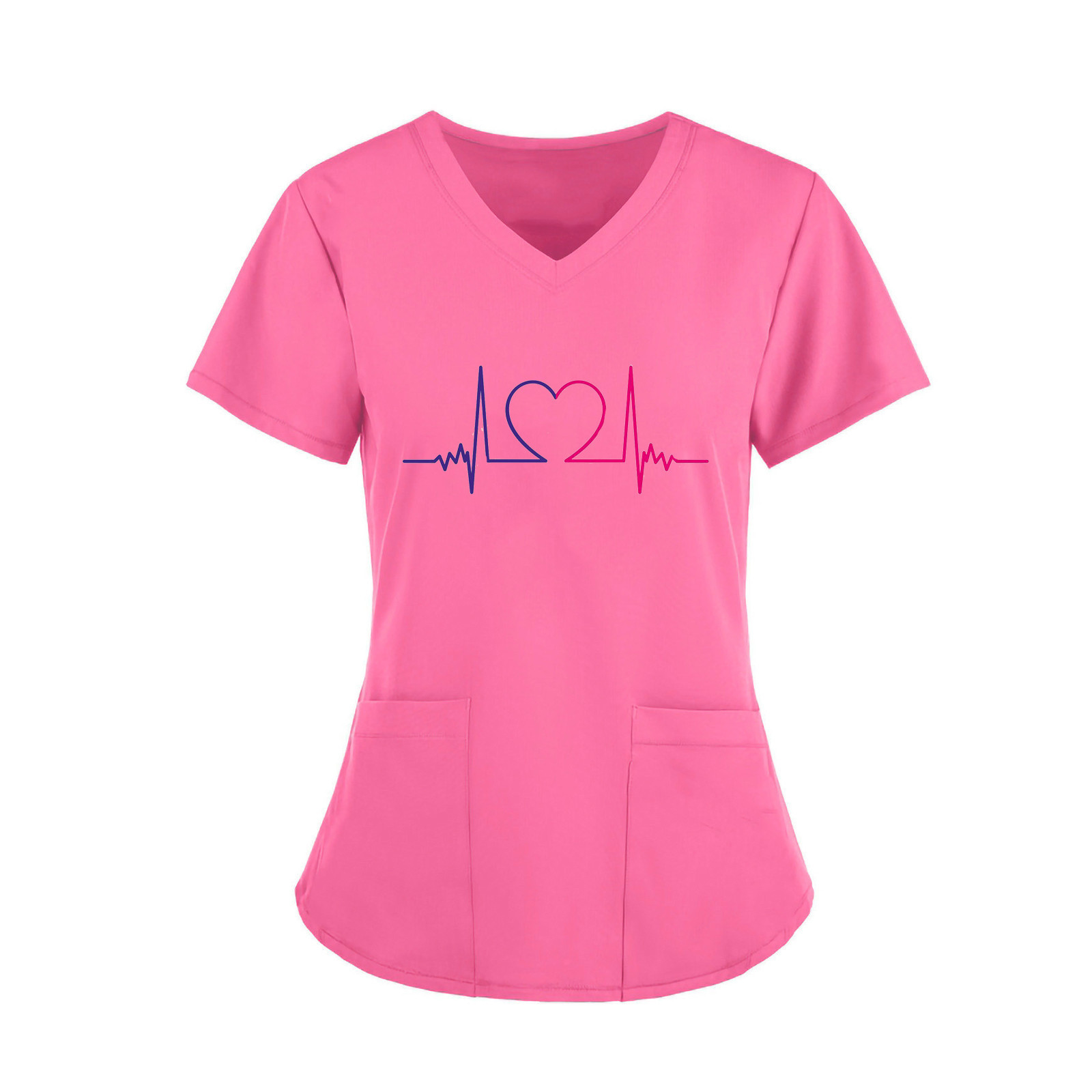 Amazon Cross-border 2022 Summer European and American Nurse Wear Nursing Workwear Printed Shirt V-Neck Large Pocket Short Sleeve T-Shirt Women's