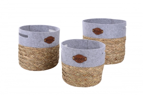 Set of 3 felt and matgrass baskets