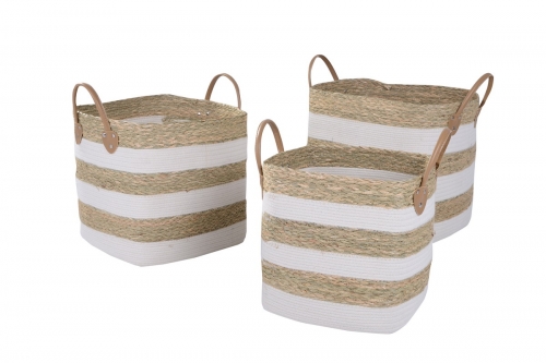 set of 3 seagrass and cotton rope baskets