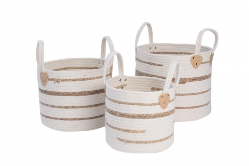 Set of 3 cotton rope and natural grass baskets