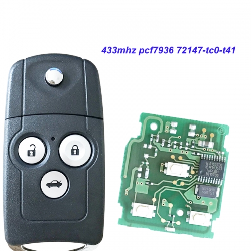 MK180089 3 Button Remote Flip Key Fob 433MHZ PCF7945 for Honda Civic 72147-tc0-t41 Auto Key Remote Control