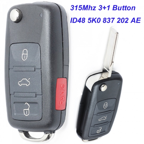 MK120014 315Mhz 3+1 Button Remote Flip Key with ID48 chip for Jetta Passat Beetle Tiguan EOS Golf 2011-2017 5K0 837 202 AE NBG010180 T