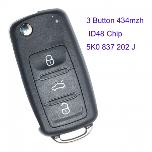 MK120052  3 Button 433Mhz Flip Key  ID48 chip for VW  5K0 837 202 J HU66 Blade Key Fob