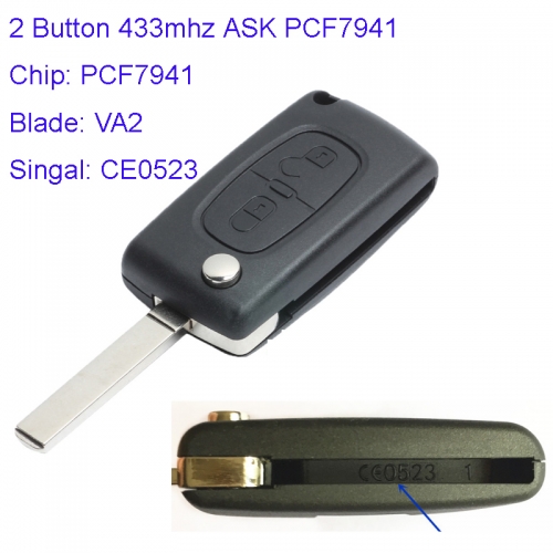 MK250005  2 Button 433mhz ASK Remote Control Flip Key for C-itroen CE0523 PCF7941 CHIP E33C1002 Key Fob