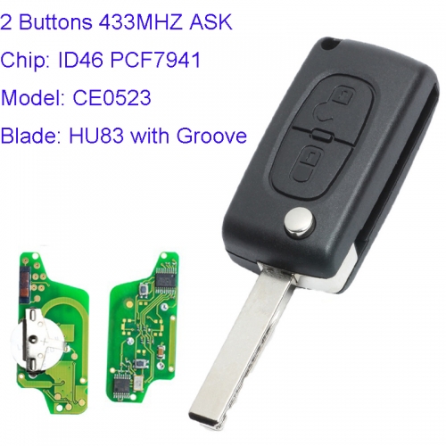 MK240029  2 Button 434Mhz ASK Flip Key for P-eugeot ID46 PCF7941 Transponder CE0523 Floding Car Remote Key