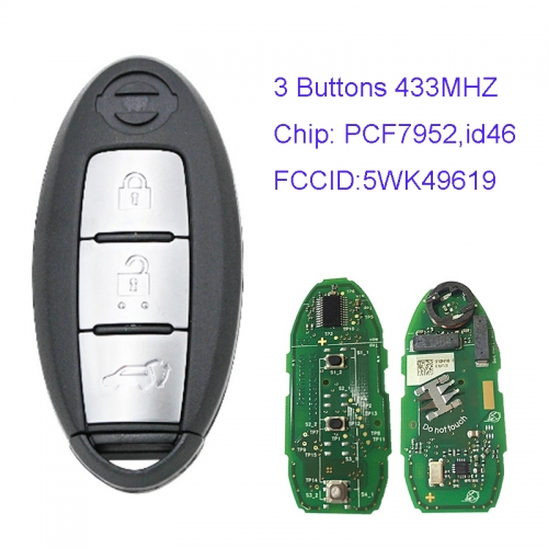 MK210049 3 Button 433mhz Smart Key for N-issan Murano Remote Key Fob 5WK49619 PCF7952 Chip Proximity Key Auto Car Key Fob