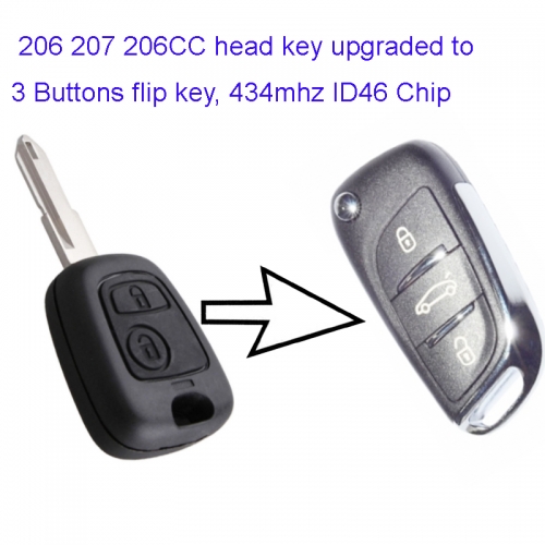 MK240021 2 Button Head Key for Modified P-eugeot 206 207 206CC 3 Buttons 434mhz ID46 Chip Modified Flip Remote Car Control