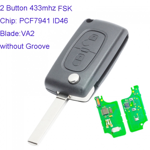 MK240015 2 Button 433mhz FSK Flip Key for P-eugeot 307 2011-2013 PCF7941 ID46 CE0523 Transponder Remote Car Control With VA2 Blade