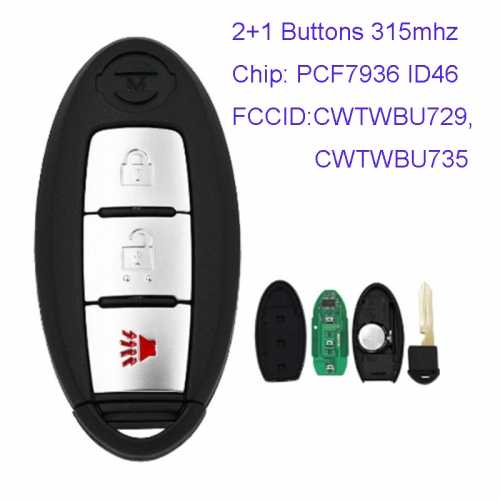 MK210039 2+1 Button 315mhz Smart Key for N-issan Maxima Sentra Teana Tiida Qashqai Livina Sunny PCF7936 ID46 Chip CWTWBU729/CWTWBU735 Auto Remote Key